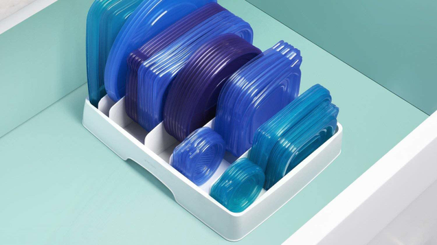 YouCopia’s StoraLid Organizer lets you stack your leftover container lids vertically, and sort them however you’d like.